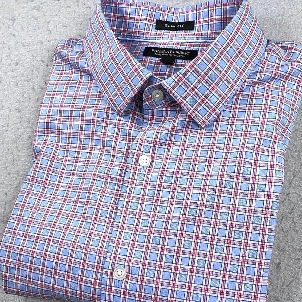 Banana Republic Mens XL Slim Fit Non-Iron Cotton Plaid Button Up Shirt Blue Red